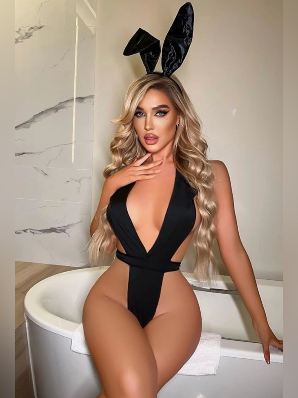 Black Bunny Cosplay Teddy Bodysuit | Deep V Halter One Piece Lingerie Bunny Ears - Picture 5 of 6